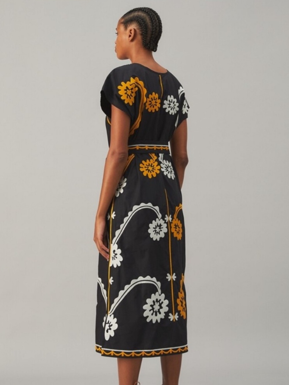 Tory Burch Embroidered Cotton Poplin Caftan Midi Dress Floral Black Gold White M - Picture 2 of 15